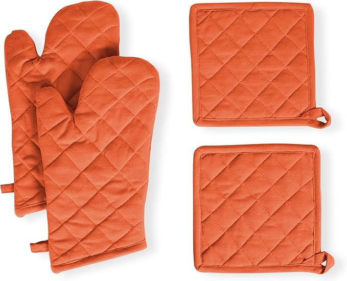 Native Fab 4 Piece Set - 2 Oven Mitts & 2 Potholders, Heat Resistant, 100% Cotton, Quilted Design, Non-Slip Grip, Machine Washable, Ideal for Baking, Cooking, BBQ, Kitchen Protection - Orange by NativeFab