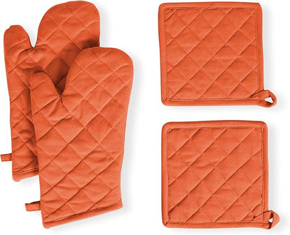 Native Fab 4 Piece Set - 2 Oven Mitts & 2 Potholders, Heat Resistant, 100% Cotton, Quilted Design, Non-Slip Grip, Machine Washable, Ideal for Baking, Cooking, BBQ, Kitchen Protection - Orange by NativeFab