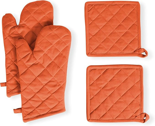 Native Fab 4 Piece Set - 2 Oven Mitts & 2 Potholders, Heat Resistant, 100% Cotton, Quilted Design, Non-Slip Grip, Machine Washable, Ideal for Baking, Cooking, BBQ, Kitchen Protection - Orange by NativeFab