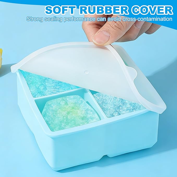 Large Silicone Ice Cube Tray 2Pack, Easy Release 2" Big Ice Cubes,Leak Proof Removable Lid Square Ice Cube Tray for Cocktail，Whiskey，Reusable Stackable Flexible Ice(Blue+Pink) (Blue) - Image 5