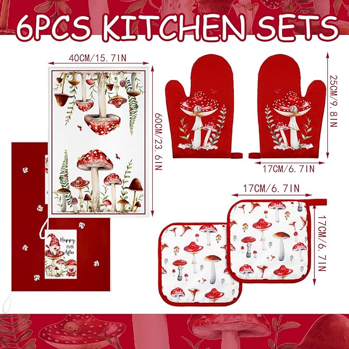 Bencailor 6 Pcs Mushroom Kitchen Towels Oven Mitts and Pot Holders Decorative Dish Tea Towels Non Slip Heat Resistant Oven Gloves for Spring Summer Home Cooking Dish Baking BBQ, Red, Black - Image 3