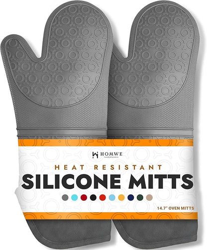 BPA-Free Soft Silicone Oven Mitts - Ultra Heat Resistant Oven Mitts with Thick Cotton Liner - Extra Long Slip Resistant Pot Holders, Flexible Oven Gloves - Gray 14.7" by HOMWE
