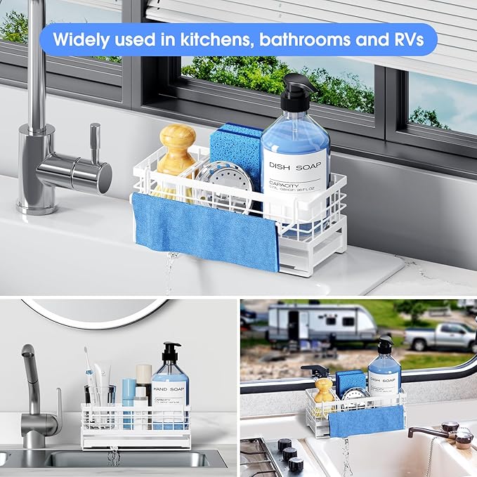 Kitchen Sink Sponge Holder - Self-Draining, Detachable Dish Cloth Holder, Rustproof Kitchen Countertop Organizer (White) - Image 8