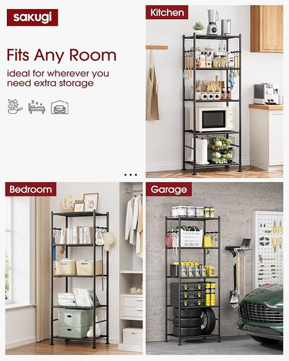 Sakugi Storage Shelves - 5-Tier Large Capacity Shelf Organizer with Hooks, Heavy-Duty Garage Shelving with Leveling Feet, Wobble-Free Rack for Bedroom, Balcony, Garage, 18.1"×12.4"×56.8", Black - Image 4