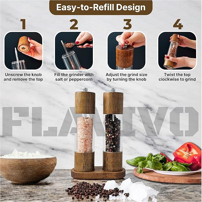 Wooden Salt and Pepper Grinder Set, Manual Premium Acrylic Salt and pepper Mills with Adjustable Ceramic Core and Wooden Stand, 8-Inch Refillable Giftable Shakers (2 Pieces with Tray) - Image 5