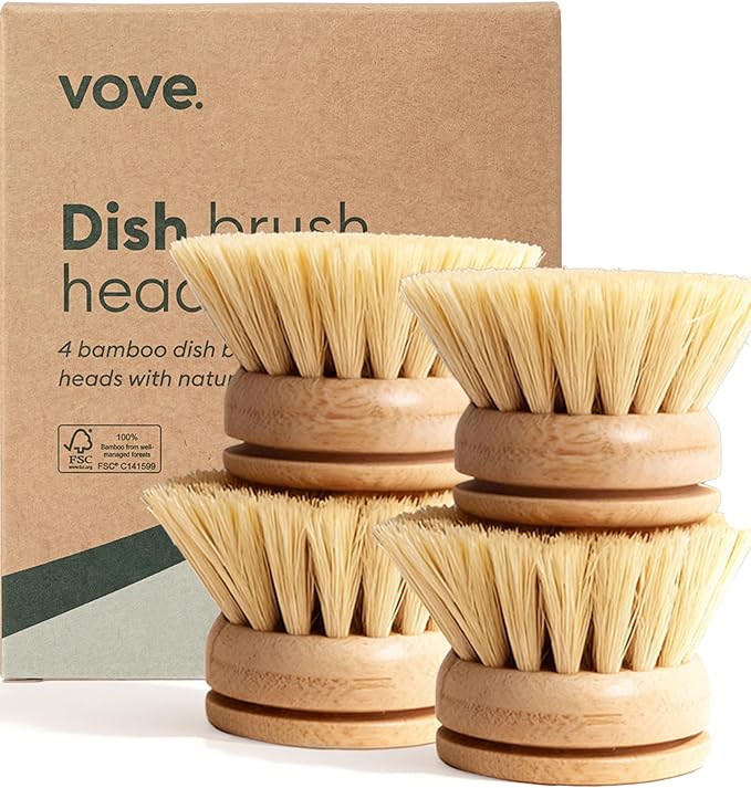 Vove Bamboo Dish Brush Replacement Heads, 4 Pack - FSC-Certified Bamboo - Natural Fiber Bristles - Compatible with Vove Dish Brush - Non-Toxic, Plastic-Free by Vove