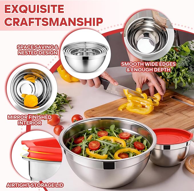 E-far Mixing Bowls With Lids Sets of 5, 10-Piece Stainless Steel Salad Metal Nesting Bowl for Baking Cooking and Prepping, Airtight Lid & Stackable Design, Size 4.6, 3, 2.1, 1.5, 0.7 QT, Red - Image 3