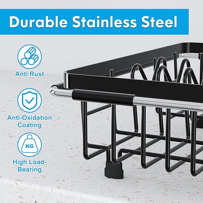 Expandable Stainless Steel Dish Drying Rack Over The Sink For Small Kitchen, Counter Space Saving Compact Black Metal Plate Drain Strainer, Adjustable Hanging In Sink Rust Proof Wire Dryer Holder - Image 6