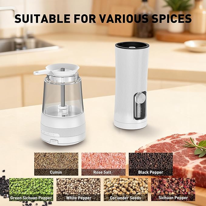 Electric Salt and Pepper Grinder Set, Upgrade 2-Speed Setting, External 5 Adjustable Coarseness, Rechargeable Automatic Salt & Pepper Shakers Mill with Battery Display, Storage Base & Led Light, White - Image 7
