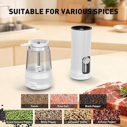 Electric Salt and Pepper Grinder Set, Upgrade 2-Speed Setting, External 5 Adjustable Coarseness, Rechargeable Automatic Salt & Pepper Shakers Mill with Battery Display, Storage Base & Led Light, White - Image 7