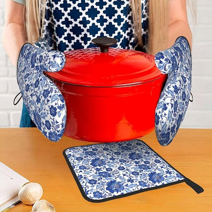 Navy Blue Floral Oven Mitts and Pot Holders Sets, Blue Chinoiserie Kitchen Mitts,Heat Resistant Oven Gloves Potholders for BBQ Baking Cooking Gifts for Baker Women & Housewarming Gifts for Hostress
