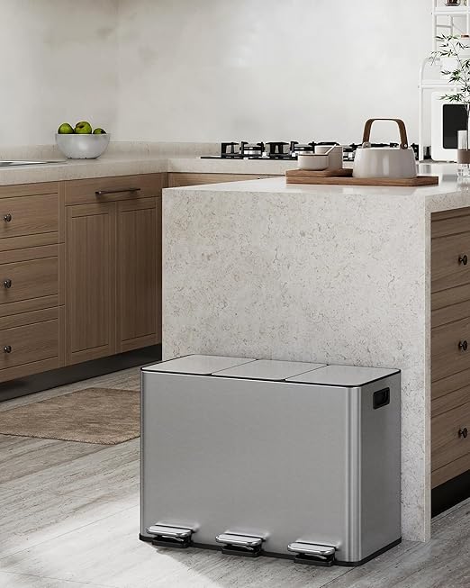 Garvee Triple Kitchen Trash Can, 3 x 4 Gal Stainless Steel Recycling Bin Combo, 3 Compartment Garbage Can with Soft-Close Step Lid, 15L Bins, Silver - Image 2
