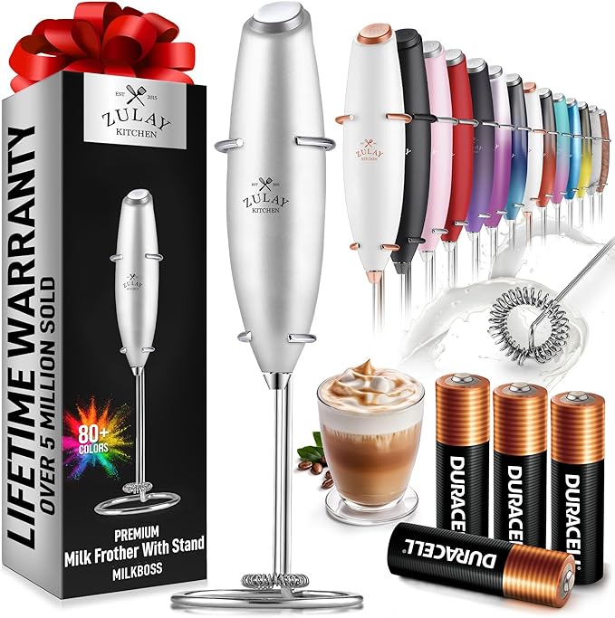 Zulay Kitchen Powerful Milk Frother Wand With 4 AA Duracell Batteries - Ultra Fast Handheld Drink Mixer - Electric Whisk Foam Maker for Coffee, Lattes, Cappuccino, Matcha & Creamer - Premium Silver by ZulayKitchen