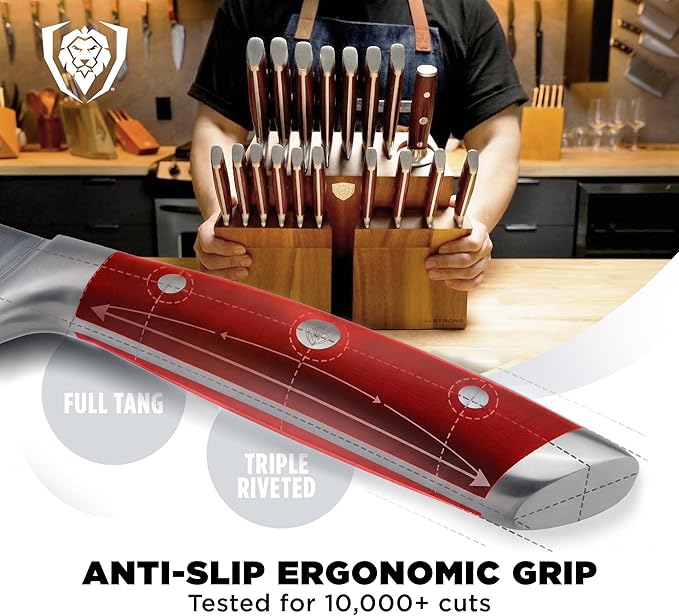 Dalstrong 18-Piece Gladiator Colossal Knife Block Set (Red Handles) — German High-Carbon Steel, Full-Tang, Hand-Sharpened — For Home Chefs, Wedding Registries & Serious Kitchens — Acacia Block, NSF - Image 4