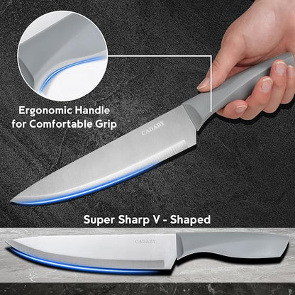 19 PCS Kitchen Cooking Utensils Set, 11 Pieces Silicone Cooking Utensils Set 6 Pieces Sharp Stainless Steel Gray Knife Set with 1 Piece Cutting Board, Ideal for Apartment