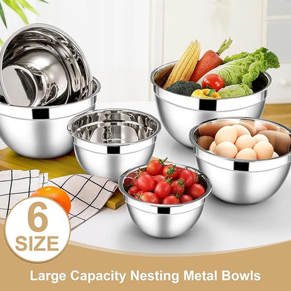 E-far Mixing Bowls with Lids, 12-Piece Stainless Steel Salad Bowls Metal Nesting Bowls for Baking Cooking and Prepping, Airtight Lids & Stackable Design, Size 7, 4.5, 3, 1.5, 1.2, 0.7 QT (Khaki) - Image 3