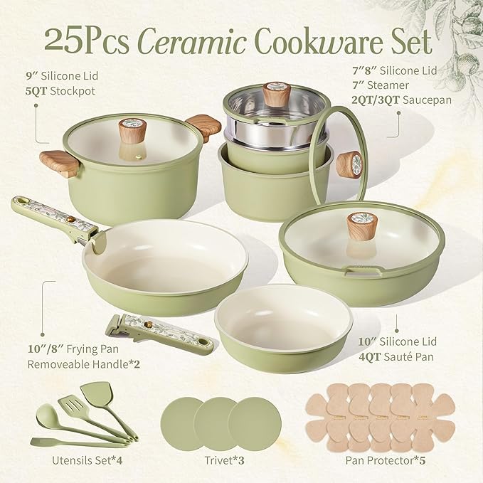 CAROTE 25-Piece Ceramic Cookware Set, Nonstick Pots and Pans Set with Detachable Handle, Non-Toxic Kitchen Cooking Set, Dishwasher & Oven Safe, Induction Compatible, PFAS Free, Green - Image 2