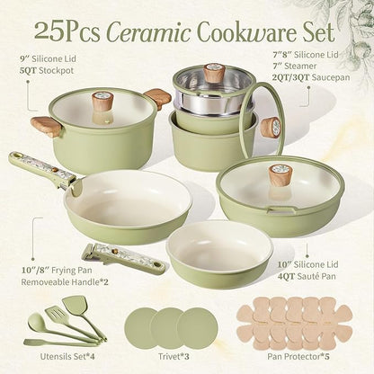 CAROTE 25-Piece Ceramic Cookware Set, Nonstick Pots and Pans Set with Detachable Handle, Non-Toxic Kitchen Cooking Set, Dishwasher & Oven Safe, Induction Compatible, PFAS Free, Green - Image 2