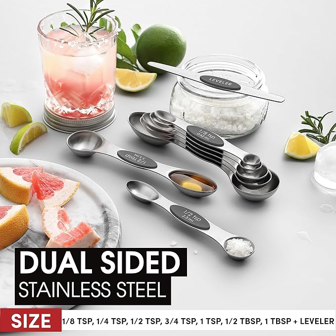 Spring Chef Stainless Steel Magnetic Measuring Spoons Set of 8 with Leveler, Dual Sided Metal Teaspoon & Tablespoon Measuring Spoons - Kitchen Gadgets For Baking and Cooking, Gray - Image 3