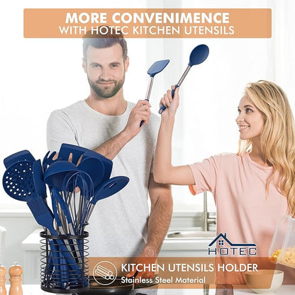 HOTEC 446°F Heat Resistant Silicone Kitchen Utensils, BPA Free Cooking Utensil Set, Spatula Set, Kitchen Gadgets, with Stainless Steel Utensils Holder, Dishwasher Safe, 14pcs Classic Blue - Image 3