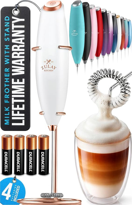 Zulay Kitchen Powerful Milk Frother Wand With 4 AA Duracell Batteries - Ultra Fast Handheld Drink Mixer - Electric Whisk Foam Maker for Coffee, Lattes, Cappuccino, Matcha & Creamer - White & Rose Gold by ZulayKitchen