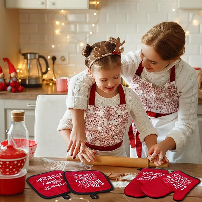 Sratte 6 Pcs Kitchen Decor Accessories Set Farmhouse Towels Pot Holders Oven Mitts Set 2 Dish Towels 2 Potholders 2 Cooking Mittens Oven Glove for Christmas Baking Cooking Supply(Red,Kitchen) - Image 3