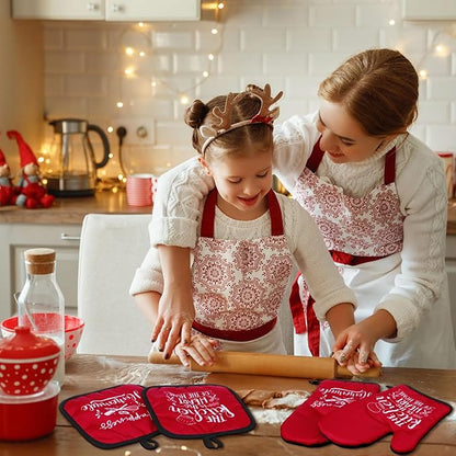 Sratte 6 Pcs Kitchen Decor Accessories Set Farmhouse Towels Pot Holders Oven Mitts Set 2 Dish Towels 2 Potholders 2 Cooking Mittens Oven Glove for Christmas Baking Cooking Supply(Red,Kitchen) - Image 3