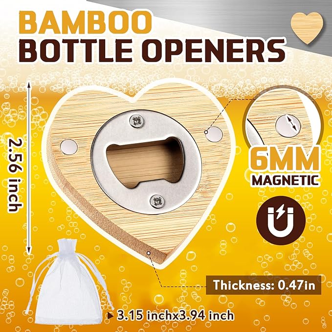 Vesici 24 Pcs Magnetic Bottle Opener 2.5in DIY Bamboo Heart Shape Beer Openers Wooden Fridge Magnet Refrigerator Sticker Gift for Beer Lover Wedding Guest Kitchens Bars Parties - Image 2