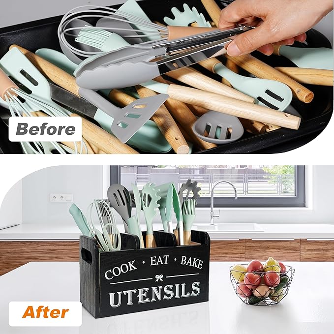Wooden Kitchen Utensil Holder with 3 Compartments, Utensil Storage Organizer for Kitchen Counter, Farmhouse Decor & Rustic Cooking Tools Storage(Black) - Image 4