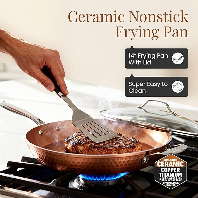 Gotham Steel Hammered Copper 14 Inch Non Stick Frying Pan with Lid, Nonstick Frying Pan with Ceramic Coating and Induction Plate for Even Heating, Oven / Dishwasher Safe, 100% Healthy & Non Toxic - Image 7