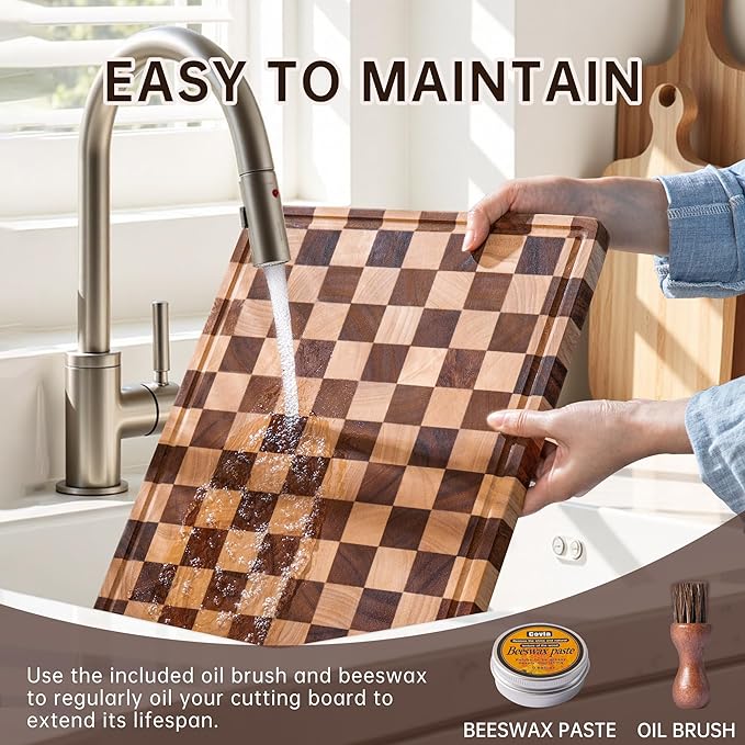 Checkered Cutting Boards for Kitchen, Wooden Cutting Board Set, Acacia Chopping Board with Juice Grooves & Handles, Butcher Block Serving Tray for Meat, Vegetables and Fruits, 3pcs - Image 8