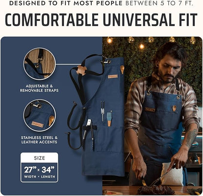 Asaya Chef and BBQ Apron with Bottle Opener and Hand Towel - 10oz Cotton Canvas, Stainless Steel Hardware - Cross Back Straps - Image 5