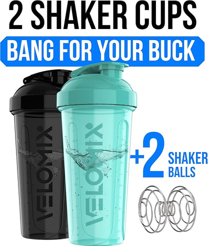 VELOMIX -2 Pack- 28 oz Protein Shaker Bottles for Protein Mixes - 2x Wire Whisk | Leak Proof Shaker Cups for Protein Shakes and Pre Workout | Protein Shaker Bottle Pack (B4) Black/Turquoise