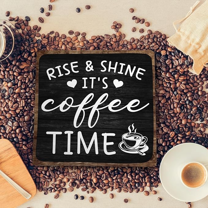 Farmhouse Coffee Wooden Plaque Sign, Vintage Desk Decor for Home or Office Coffee Station,Cafe Bar Sign - Rise & Shine It's Kitchen Wooden Sign 5.9x5.9In (Black2) - Image 4