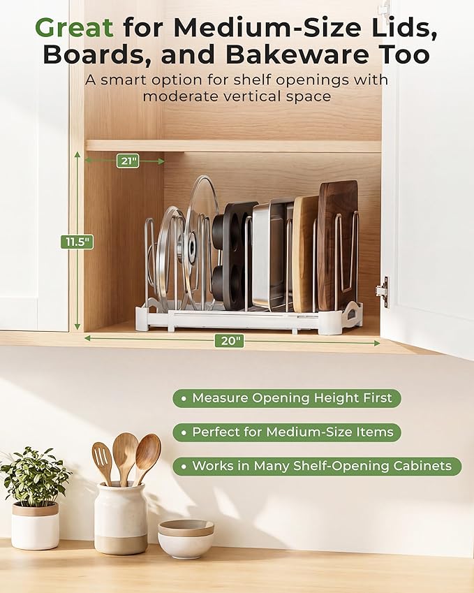 EVERIE Adjustable Bakeware Organizer Pot Lid Holder Rack for Pots, Cake Molds, Cutting Boards, Mats, Cookware, GS02SS, 7.7'' Deep by 12.6'' to 21.5'' Wide - Image 6