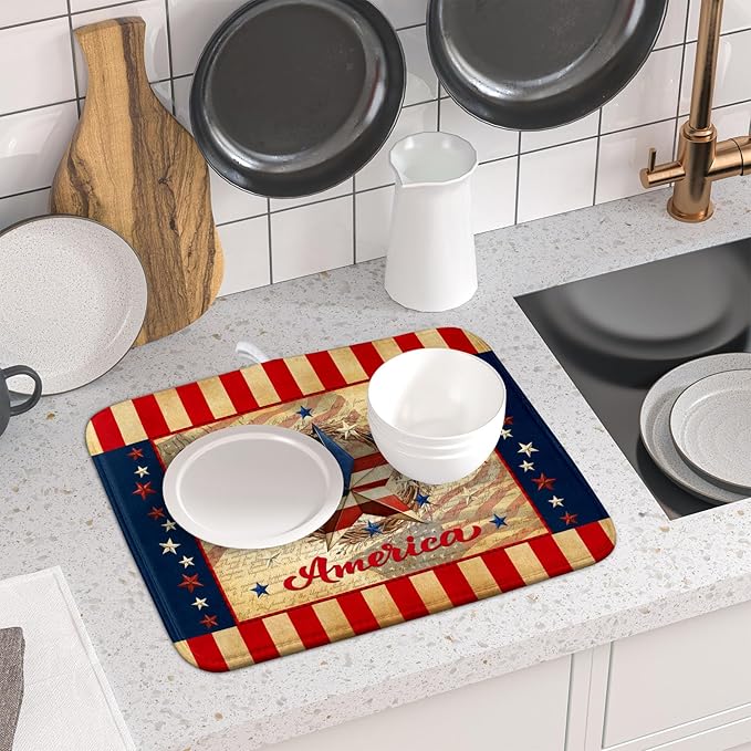 4th of July God Bless Dish Drying Mat for Kitchen Counter,American Flag Star Patriotic Independence Day Drying Mat 16 x 18 Inch with Absorbent Reversible Microfiber Drying Pad for Coffee Bar - Image 6