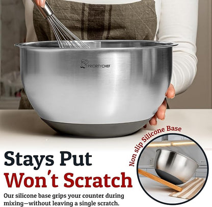 Priority Chef Stainless Steel Mixing Bowls with Lids Set, Metal Nesting Bowls with Airtight Lids, Graters, Non-Slip Base & Measurement Marks, Includes Utensil Set for Prep, Baking & Storage, Grey - Image 6