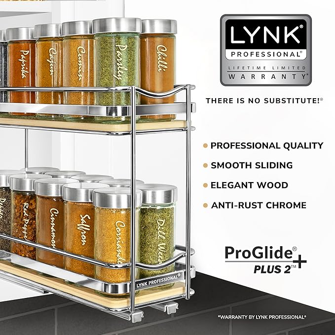 LYNK PROFESSIONAL® Élite™ Pull Out Spice Organization for Cabinets - 4-3/8 inch Wide – Spice Rack for Inside Cabinets – Wood/Chrome - Sliding Spice Rack Organizer for cabinet – Spice Rack - 2 Tier - Image 2