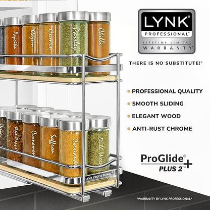 LYNK PROFESSIONAL® Élite™ Pull Out Spice Organization for Cabinets - 4-3/8 inch Wide – Spice Rack for Inside Cabinets – Wood/Chrome - Sliding Spice Rack Organizer for cabinet – Spice Rack - 2 Tier - Image 2