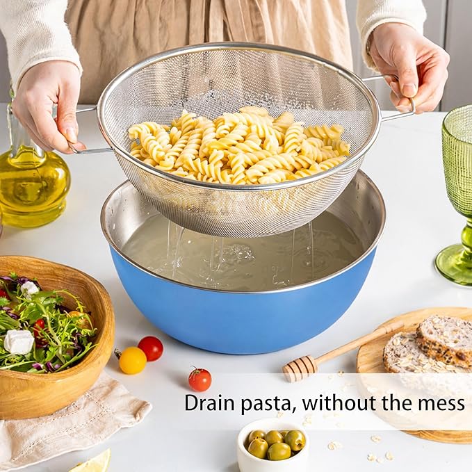 304 Stainless Steel Kitchen Colander Set, 3.5QT Colander with Handle and Bowl, 40 Mesh Fine Strainer, Fast Draining for Rice, Pasta, Fruits & Vegetables, Dishwasher Safe