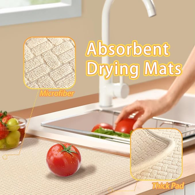 2 Pcs XXL Dish Drying Mats,Absorbent Microfiber Drainer Mat,Large Size 24×17" Pads for Kitchen Counter,Coffee,Rack,Under Sink(Beige) - Image 4