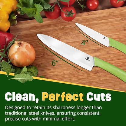 Ceramic Knife Set with Ergonomic Handle, Non-Reactive and Professional Chopping Knife Featuring Sharp, Rust-Proof Blades for Cutting Vegetables & Fruits, Durable Ceramic Kitchen Knives Set 6” & 4”