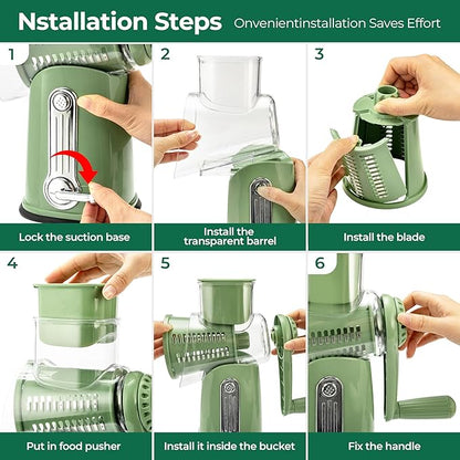 SUSTEAS Rotary Cheese Grater with Handle - Vegetable Shredder with 5 Well-designed Blades & Strong Suction Base,Round Mandoline Slicer & Food Chopper for Kitchen,with Blade Storage Box(Retro Green) - Image 4