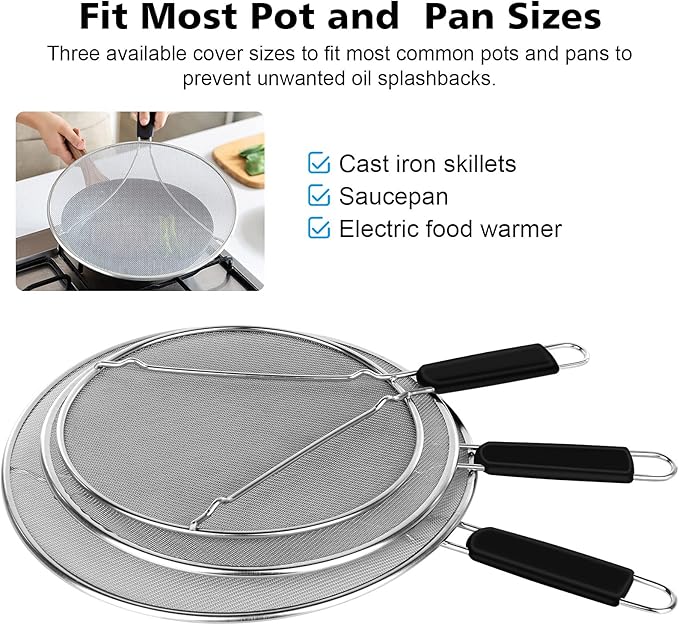 Splatter Screen for Frying Pan - 9.8" 11.4" 13" Stainless Steel Fine Mesh Grease Splatter Guard with Silicone Handle, Hot Oil Splash Guard for Cooking to Prevent Oil Splatter, Safe Cooking - Image 6