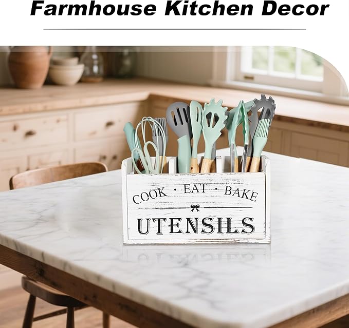 Wooden Kitchen Utensil Holder with 3 Compartments, Utensil Storage Organizer for Kitchen Counter, Farmhouse Decor & Rustic Cooking Tools Storage(White) - Image 6