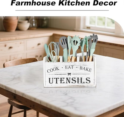 Wooden Kitchen Utensil Holder with 3 Compartments, Utensil Storage Organizer for Kitchen Counter, Farmhouse Decor & Rustic Cooking Tools Storage(White) - Image 6