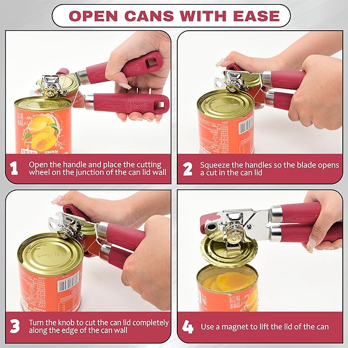 Manual Can Opener with Magnet, Heavy Duty Hand Can and Bottle Opener with Stainless Steel Blade and Rubber Grip, Smooth Cutting Hand Can Openers for Senior, Magnetic Lid Remover Kitchen Tool (Red)