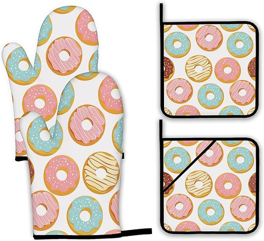Pink Doughnut Oven Mitts and Pot Holders Set,Kitchen Oven Gloves and Pot Holder with Heat Resistant Non Slip for Cooking Baking Grilling(4 Piece Set)