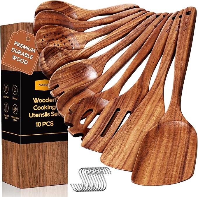 Wooden Spoons for Cooking, 10PCS Teak Wood Cookware Utensil Set with Hooks - Smooth Finish, Non-Stick, Comfortable Grip, Heat Resistant Kitchen Utensils by Mooues