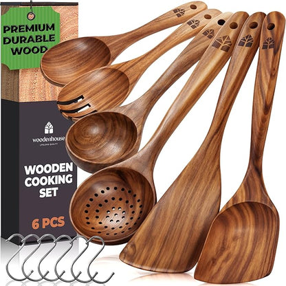 Wooden Spoons for Cooking – 6 Pcs Premium Teak Wooden Utensil Set with Hooks - Durable, Nonstick Safe, Easy to Clean & Heat Resistant with Ergonomic Handles by Woodenhouse